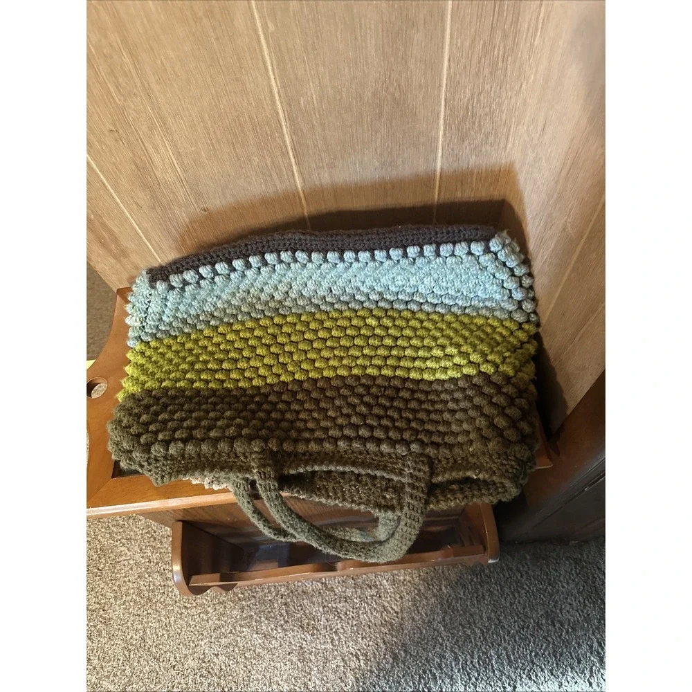 Vintage‎ LargeDouble Handled Crochet Bubble Stitch Hobo Bohemian Style Handbag